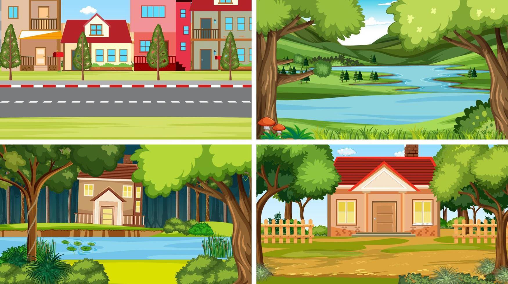 cuatro escenas con casas y parque vector