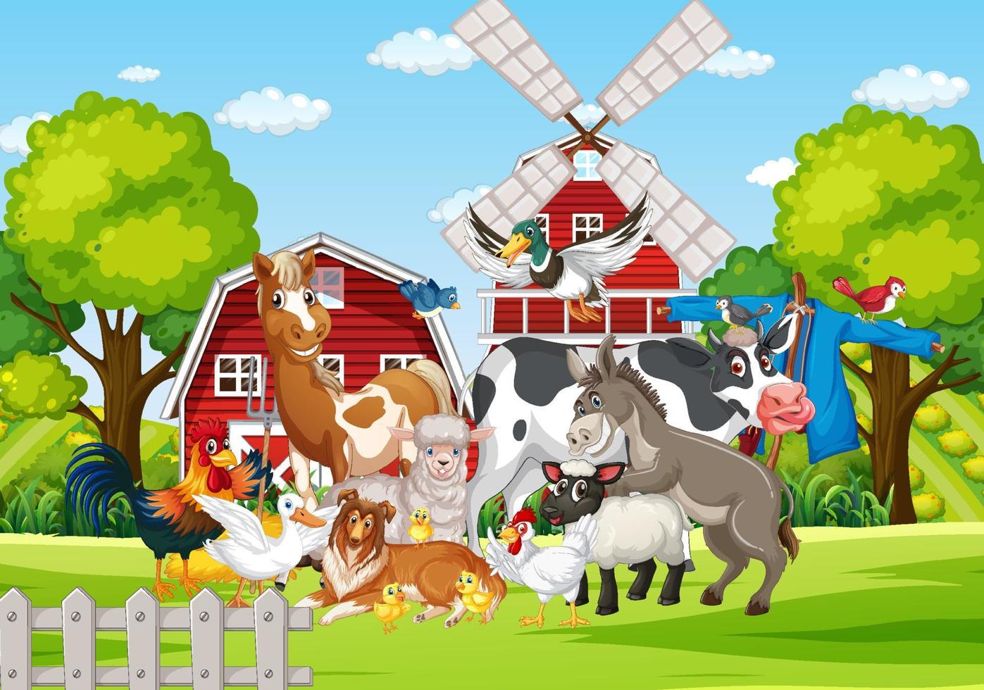 Farming theme with many farm animals vector