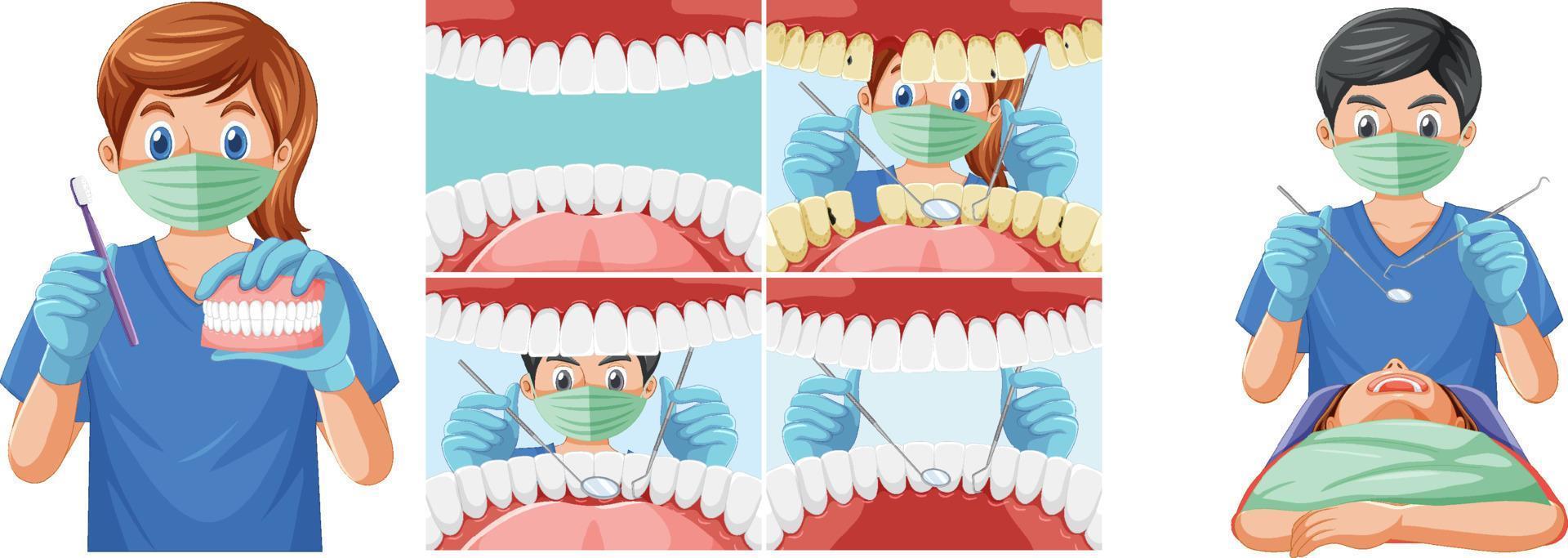 conjunto de instrumentos de sujeción del dentista que examinan los dientes del paciente dentro de la boca humana vector