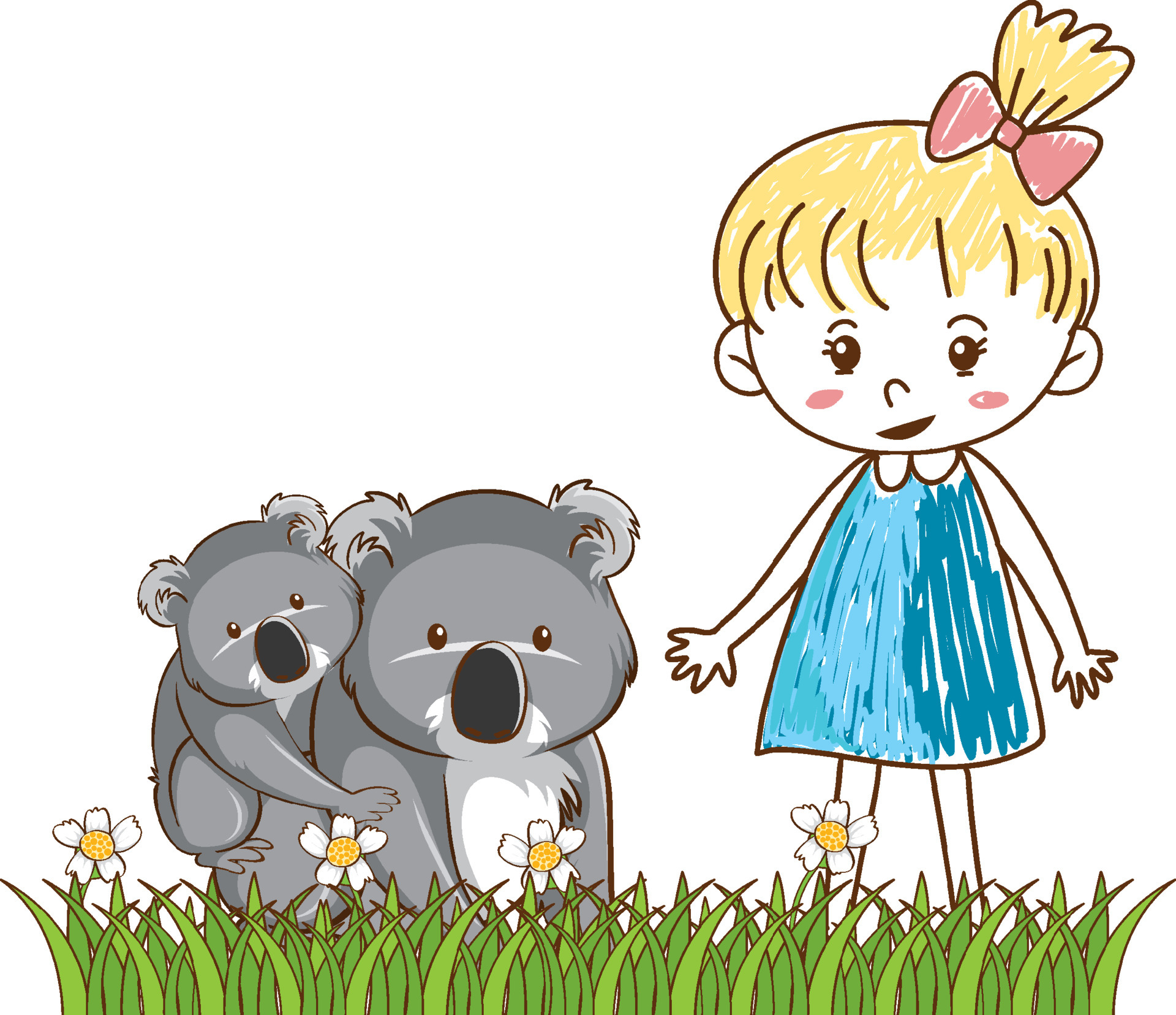 Little girl and koala in garden 7142288 Vector Art at Vecteezy