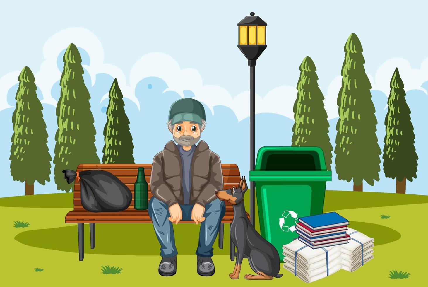 Homeless man sitting and a dog in the park vector