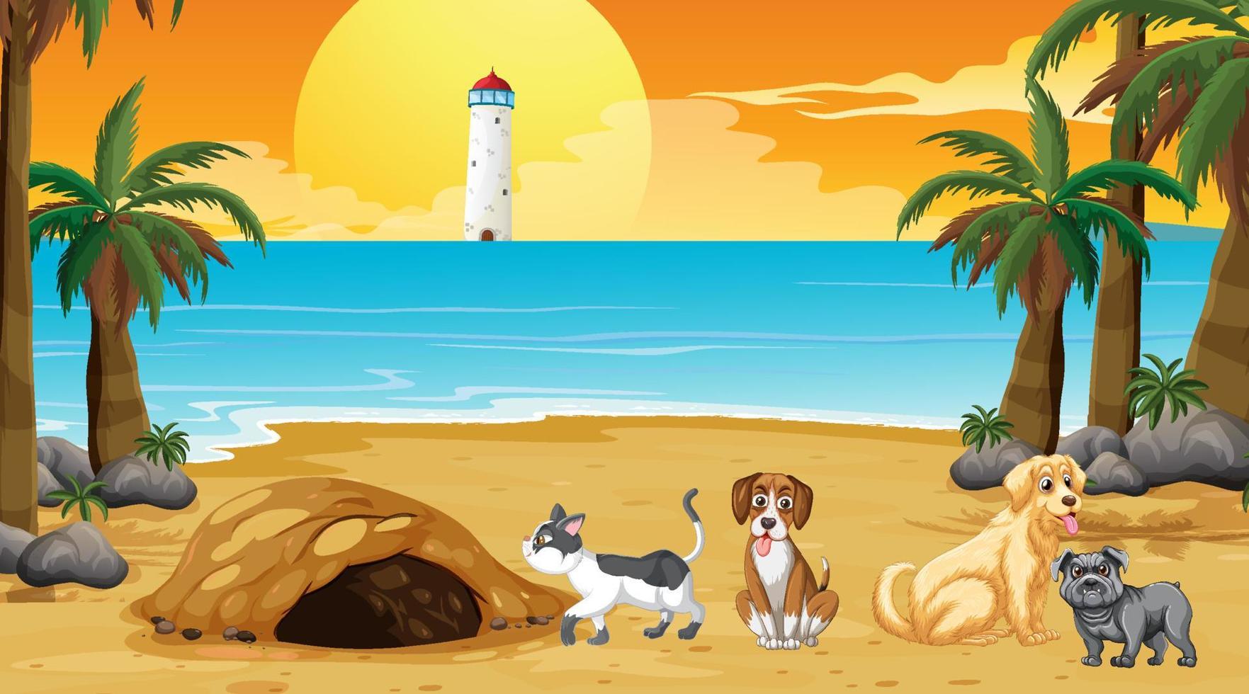 conjunto de diferentes animales domésticos en la escena de la playa vector