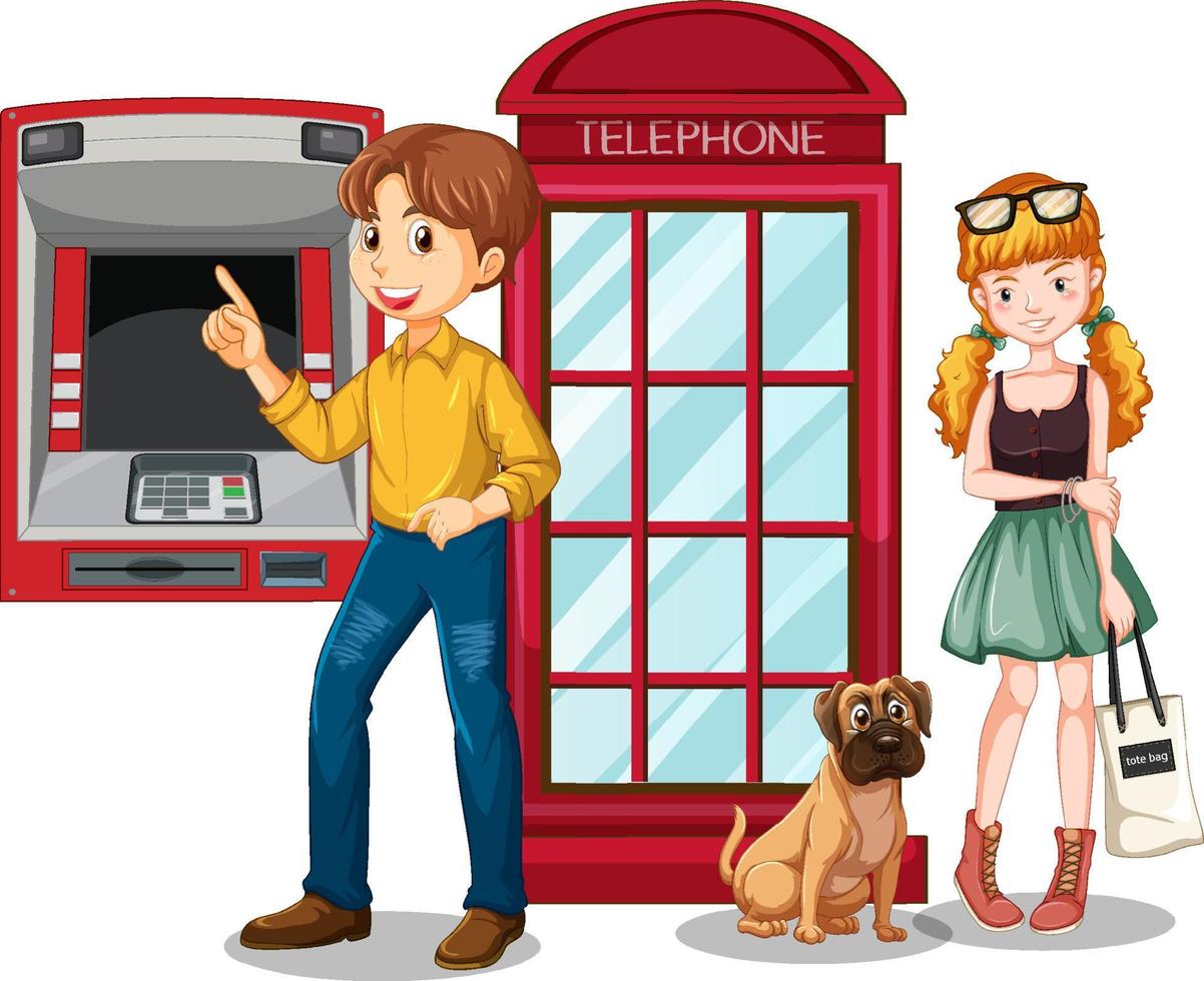 Two people standing at atm and telephone booth vector