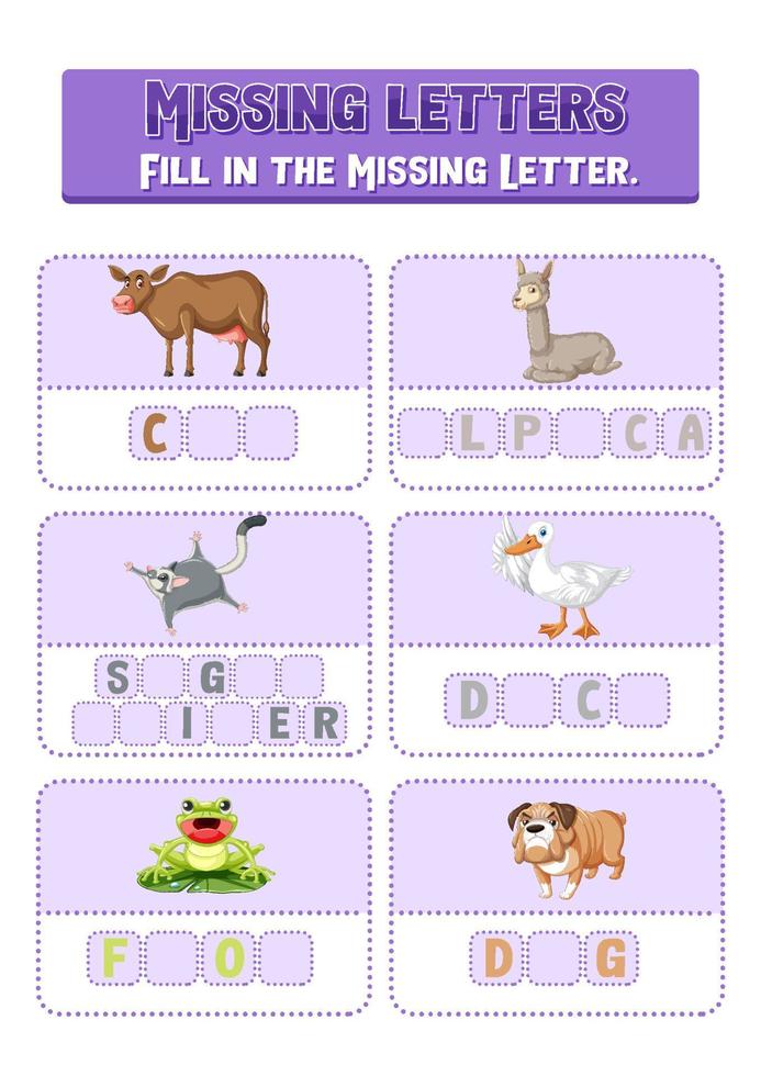 Fill the missing letter of each word worksheet for children vector