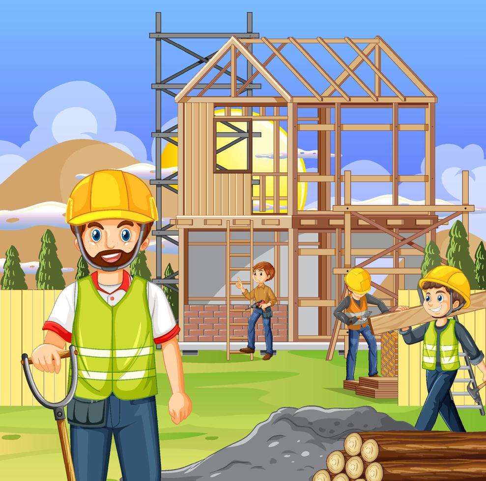 Building construction site with workers vector