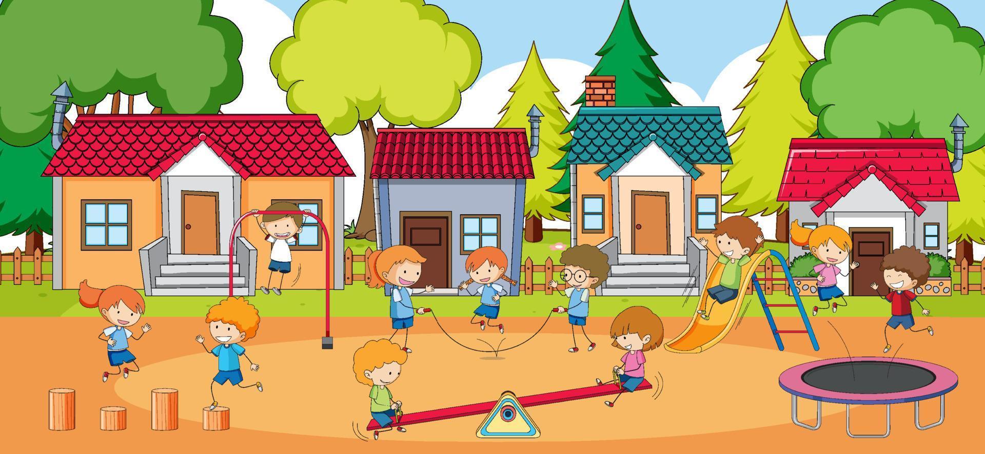 Scene with many kids playing in playground vector