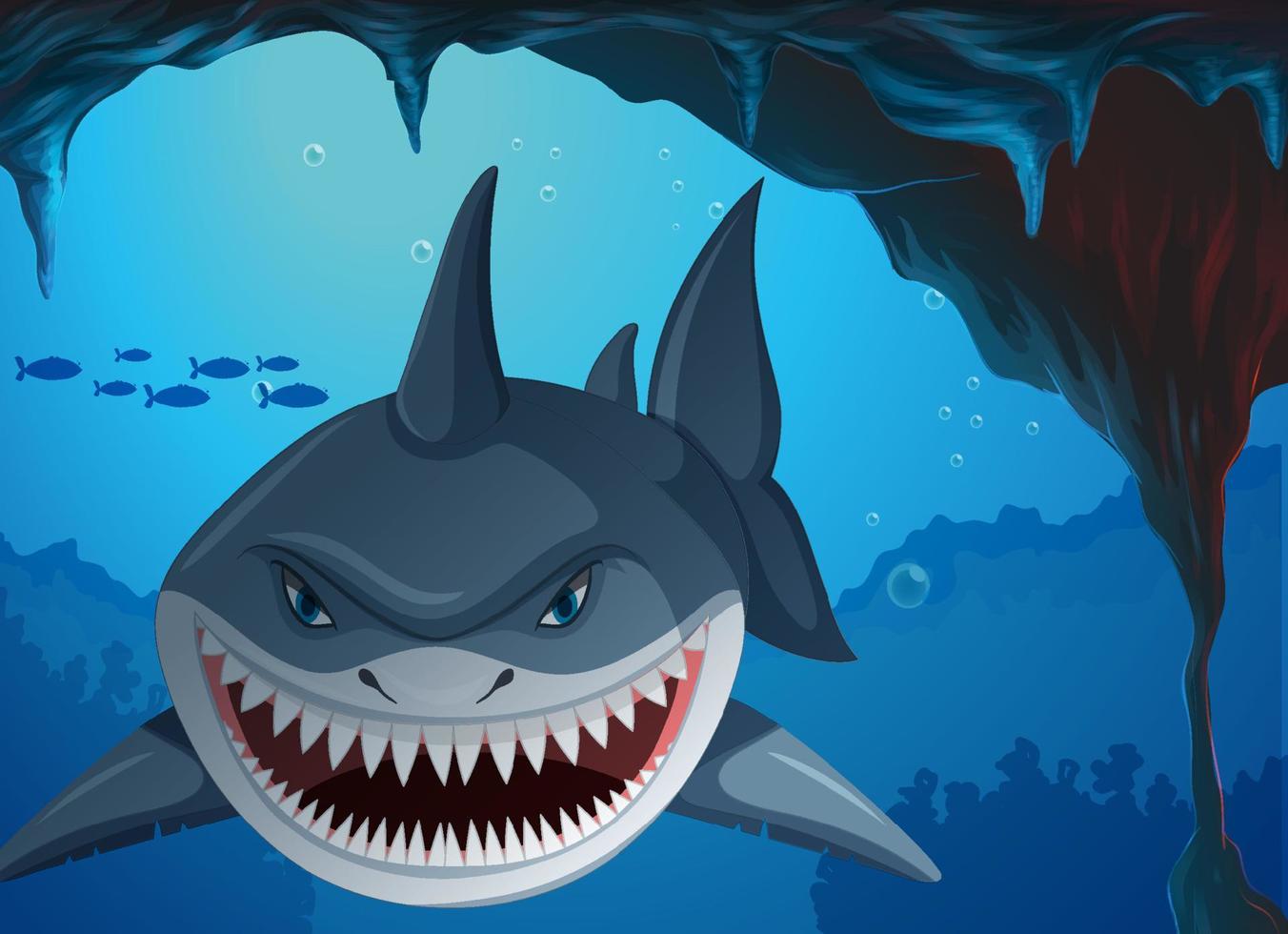 tiburón agresivo bajo el agua fondo de aguas profundas vector