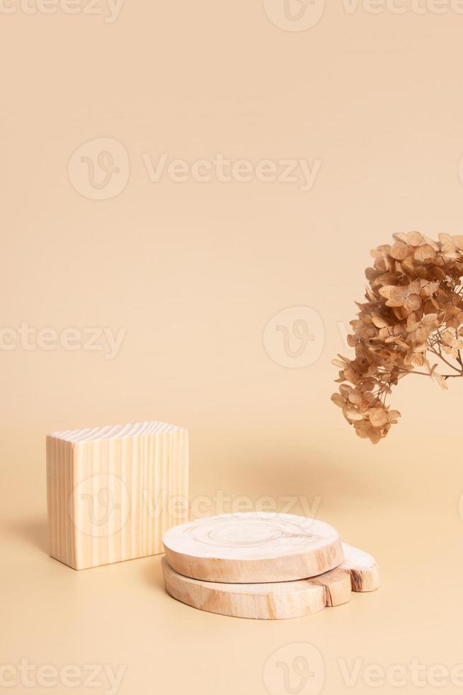 Wooden podium or pedestal for cosmetics, perfumes or jewelry. Neutral beige monochrome with dry flowers mok ap, blank photo