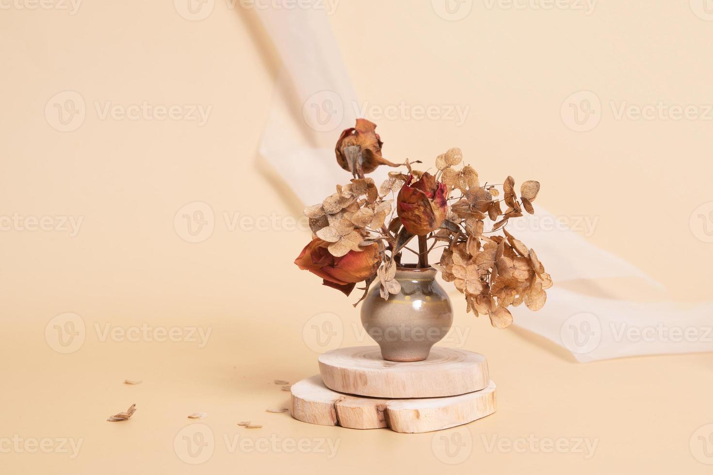 jarrón en miniatura con flores secas en podios de madera. bodegón monocromo minimalista concepto de color neutro. foto