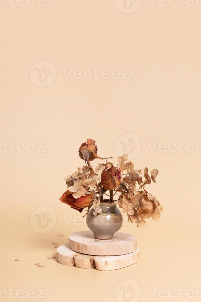 Miniature vase with dried flowers on wooden podiums. Still life monochrome minimalist neutral color concept photo