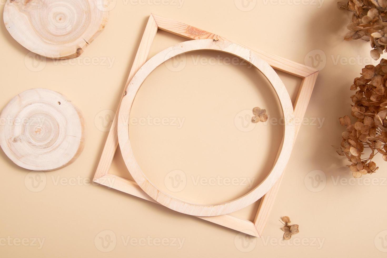 Flat monochrome composition for text or products. top view wooden geometric decor and saw cut. photo