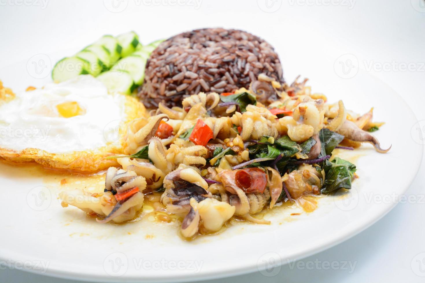 calamares picantes salteados con hojas de albahaca y chile, huevo soleado hacia arriba, servido con arroz integral. es comida tailandesa famosa. puede cambiar el material diseñado e intentar cocinar para su familia. foto