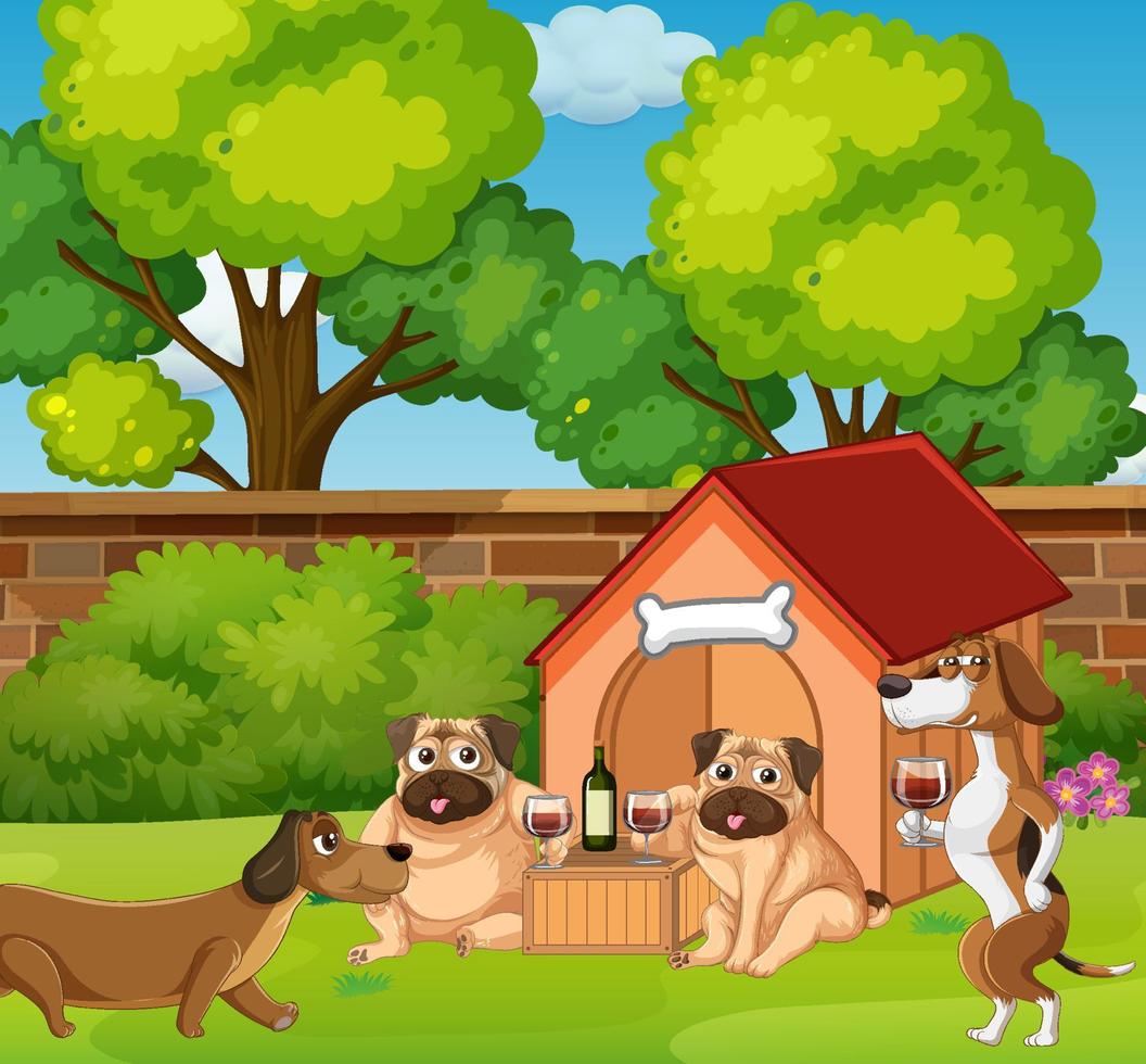 Many dogs playing in the park vector