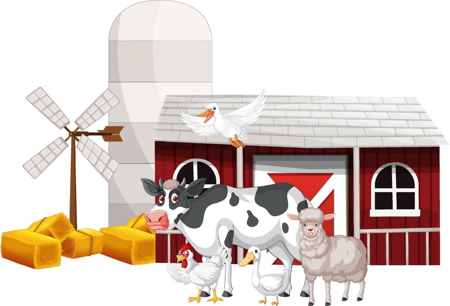 Many farm animals by the barn vector