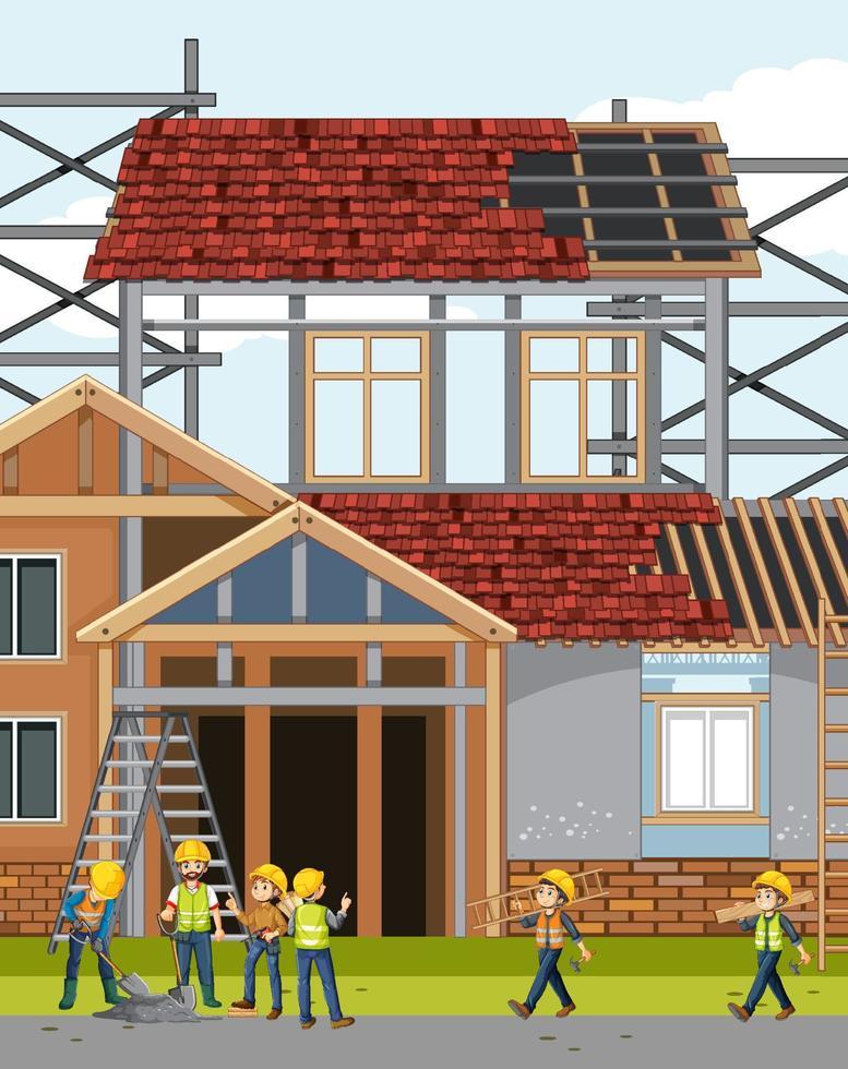 Building construction site with workers vector