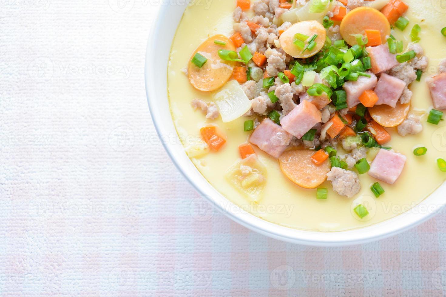 Steamed egg custard cuisine in a white bowl with minced pork, sausage and bacon.  Or Only with egg, water, salt and some sesame oil, you can make this super smooth custard at home. photo