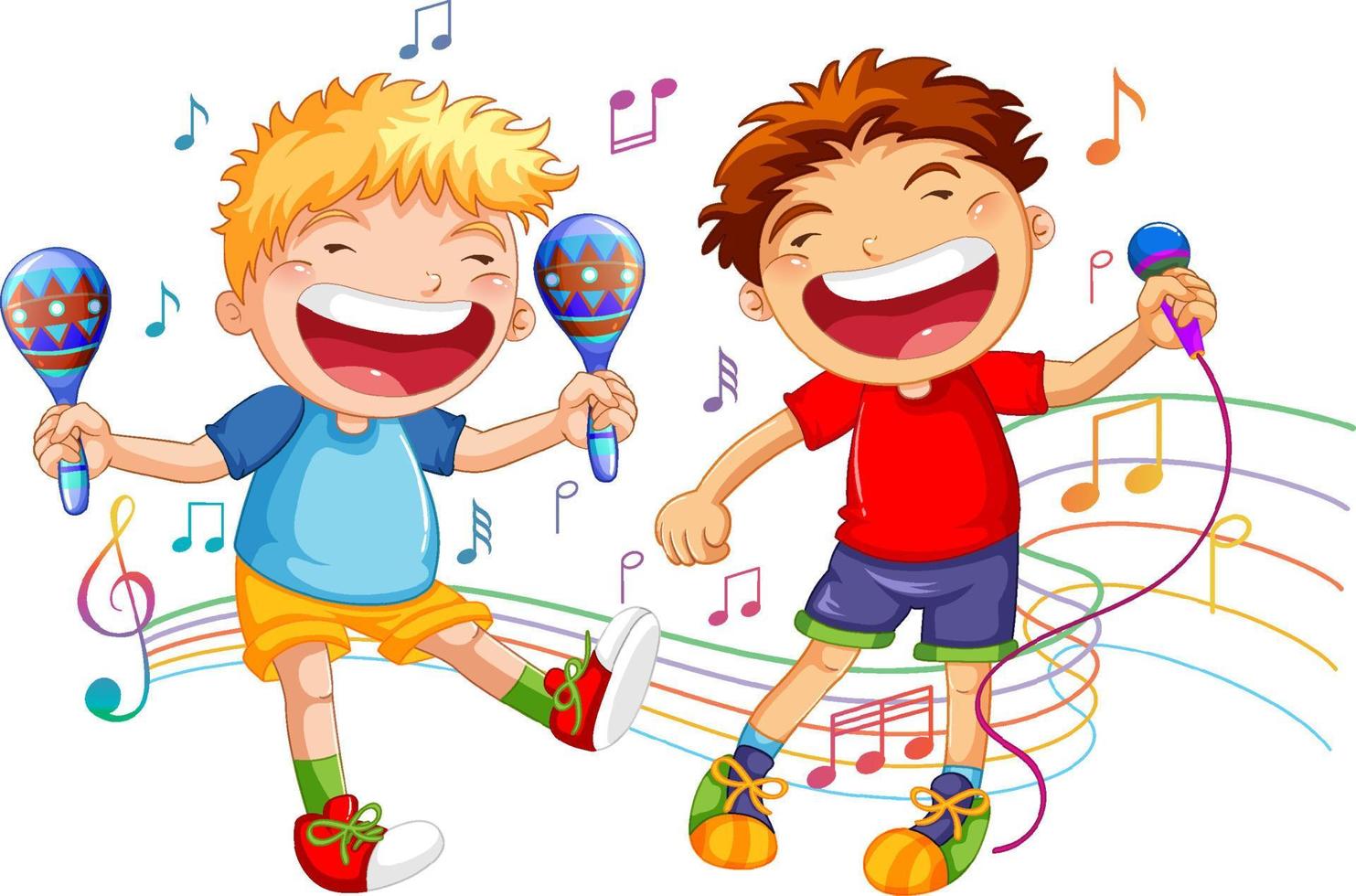 dos niños cantando y bailando vector