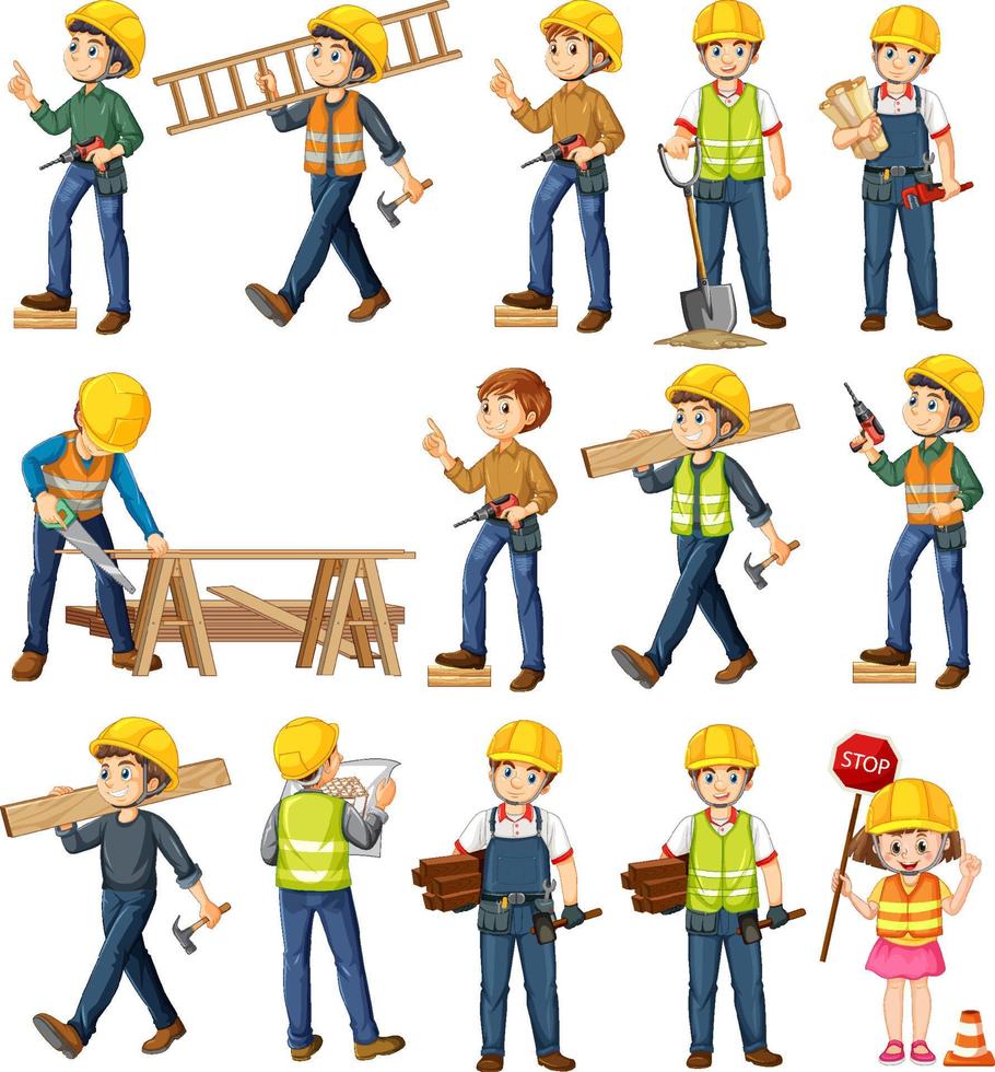 Set of construction site objects and workers vector