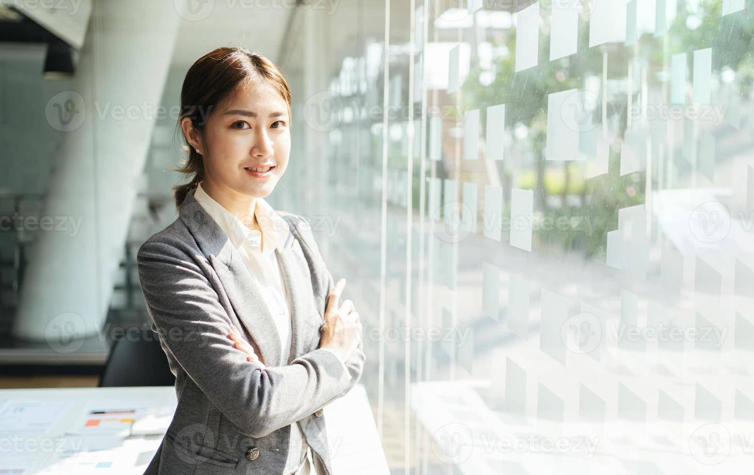 Young Asian businesswoman standing with her arms crossed in a modern office office photo