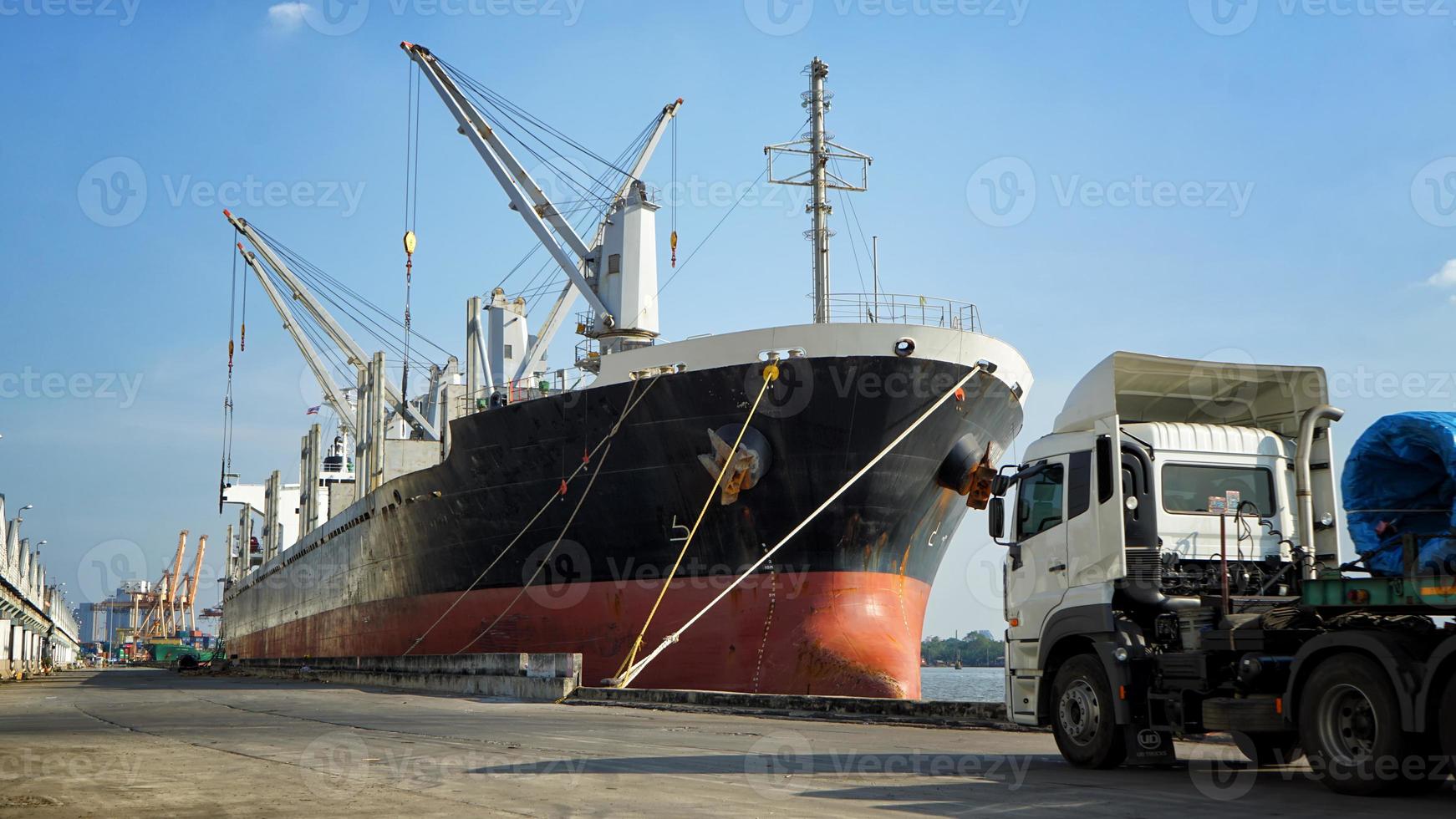 Container loading in a Cargo freight ship with industrial crane. Container ship in import and export business logistic company. Industry and Transportation concept. photo