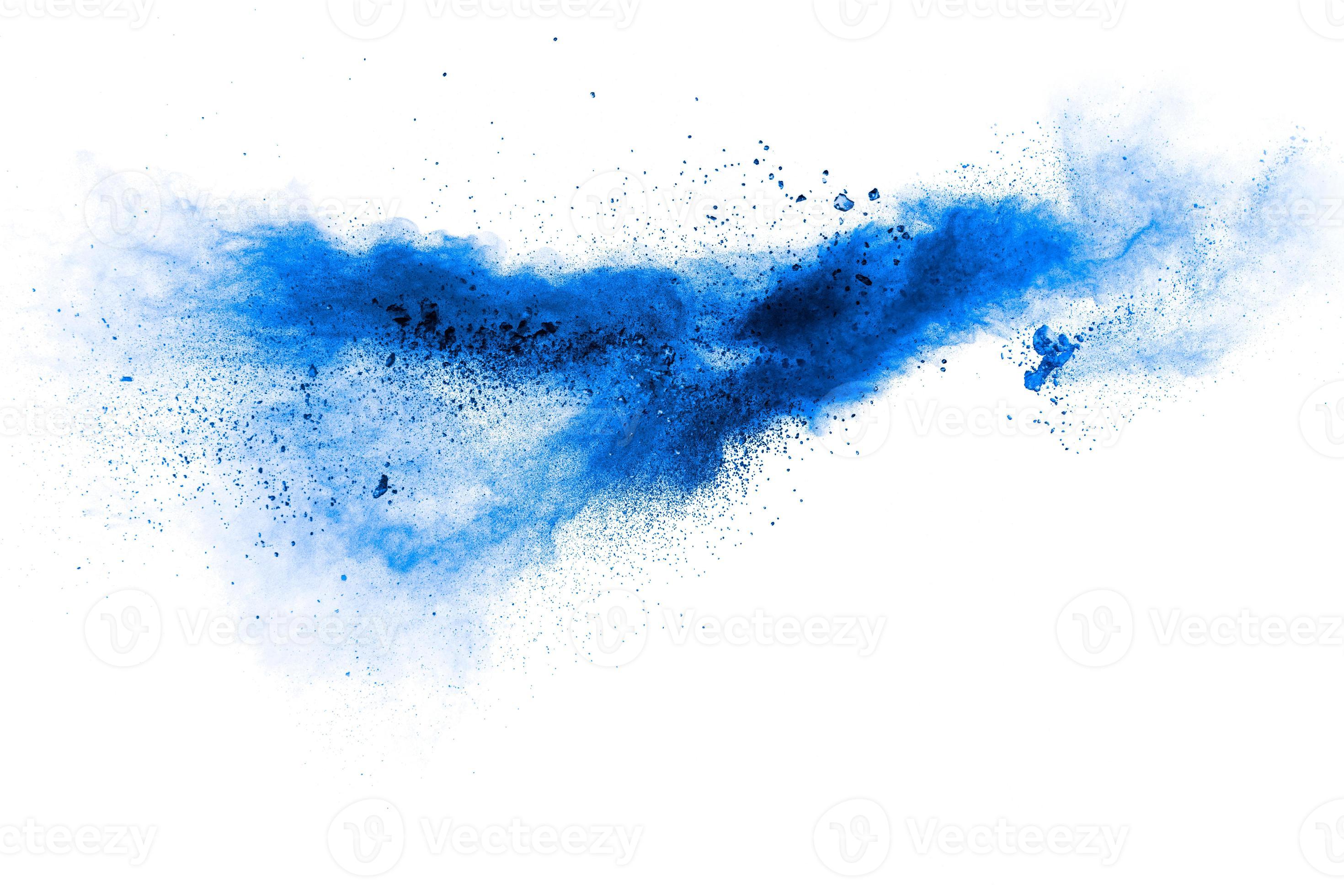 Blue color powder explosion cloud on white background.Blue dust