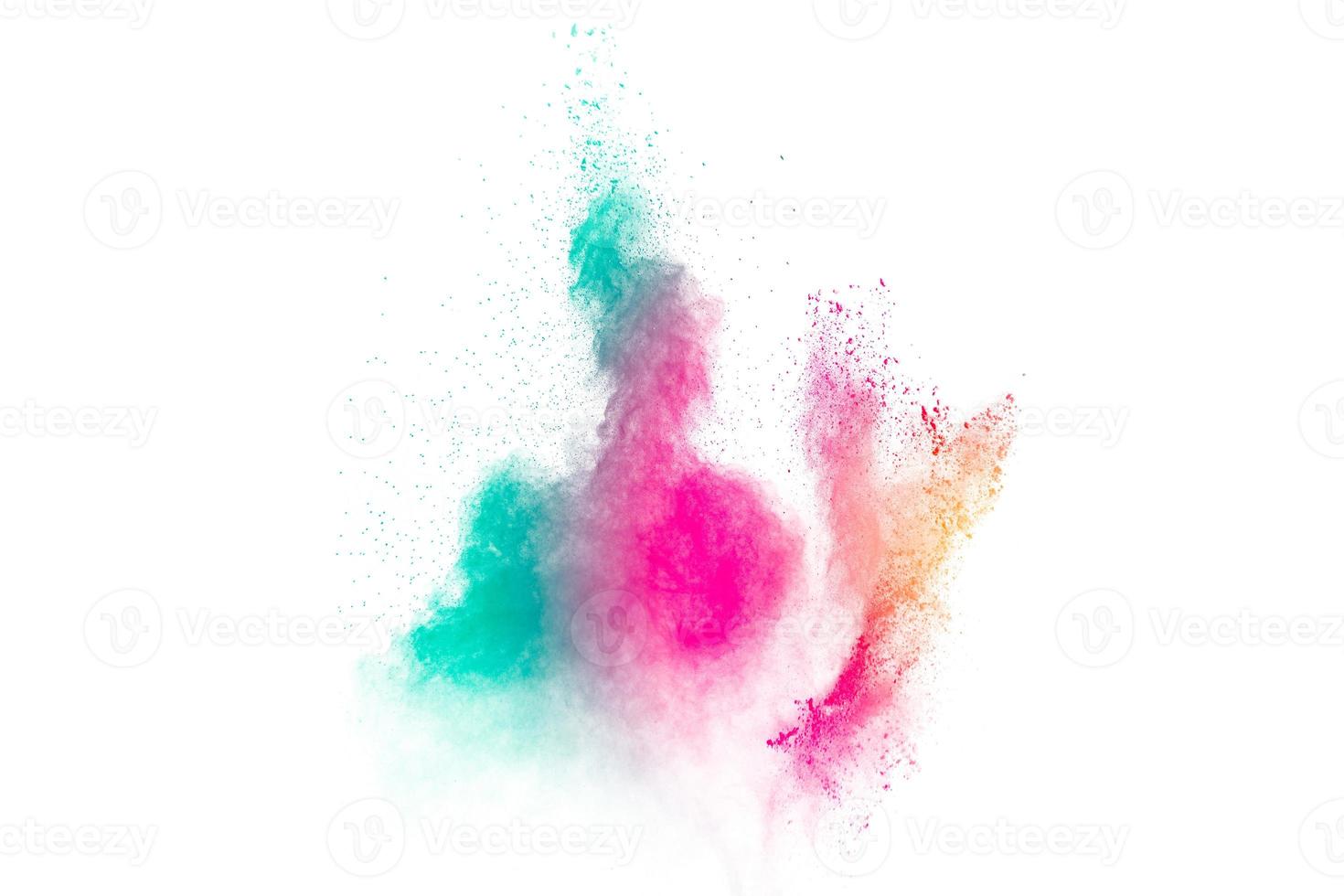 Colored powder explosion. Abstract closeup dust on backdrop. Colorful explode. Paint holi. photo