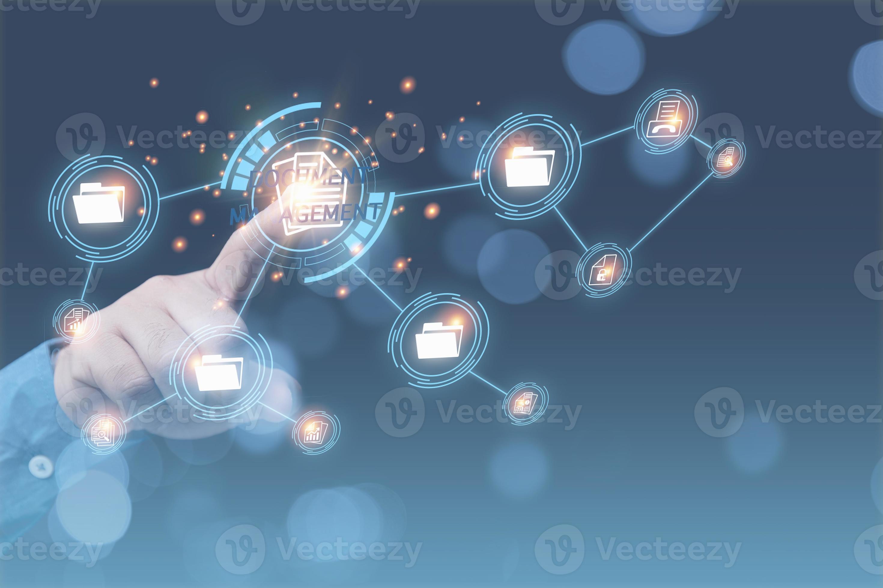 Document management system concept. Hand man touching on document icon ...