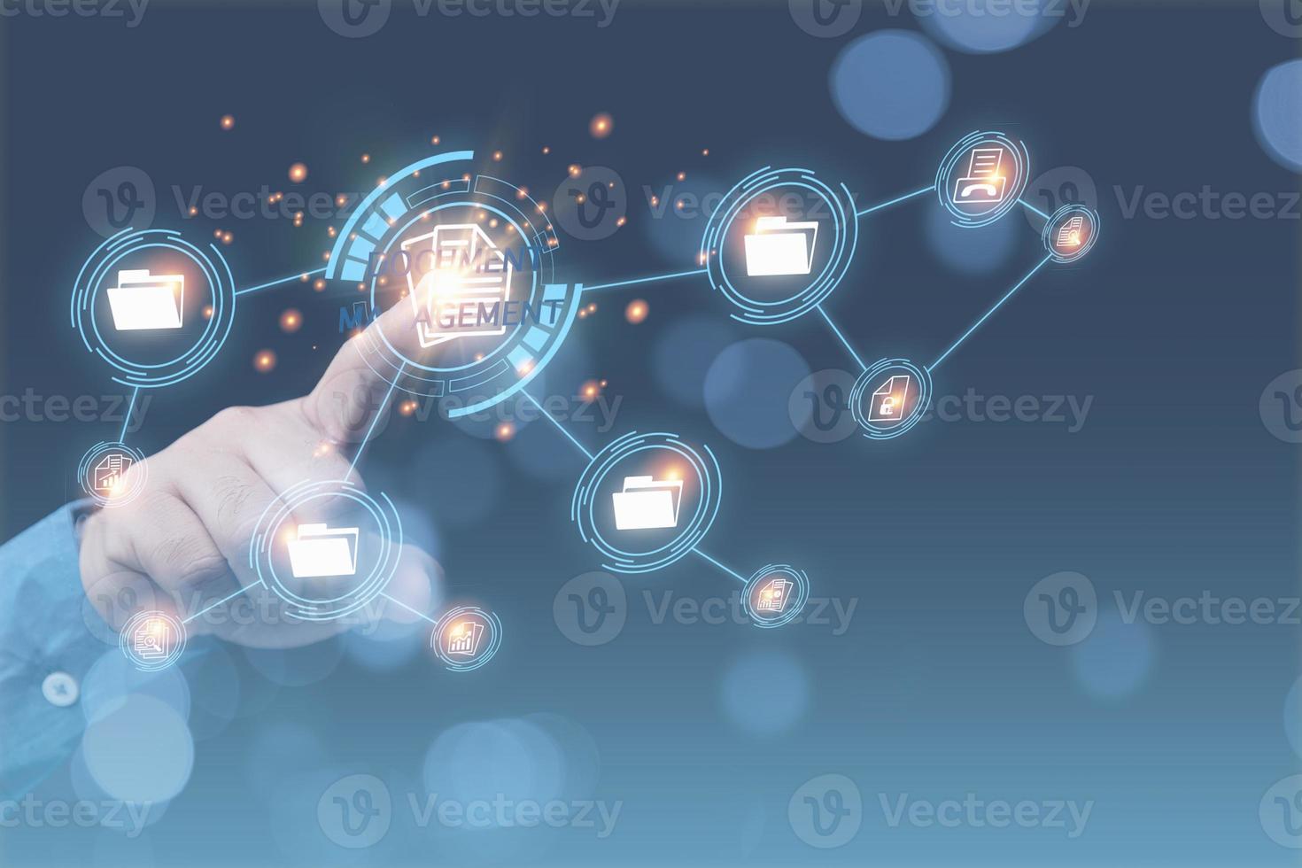 Document management system concept. Hand man touching on document icon, corporate data management system. Business, Technology, Internet and network. photo