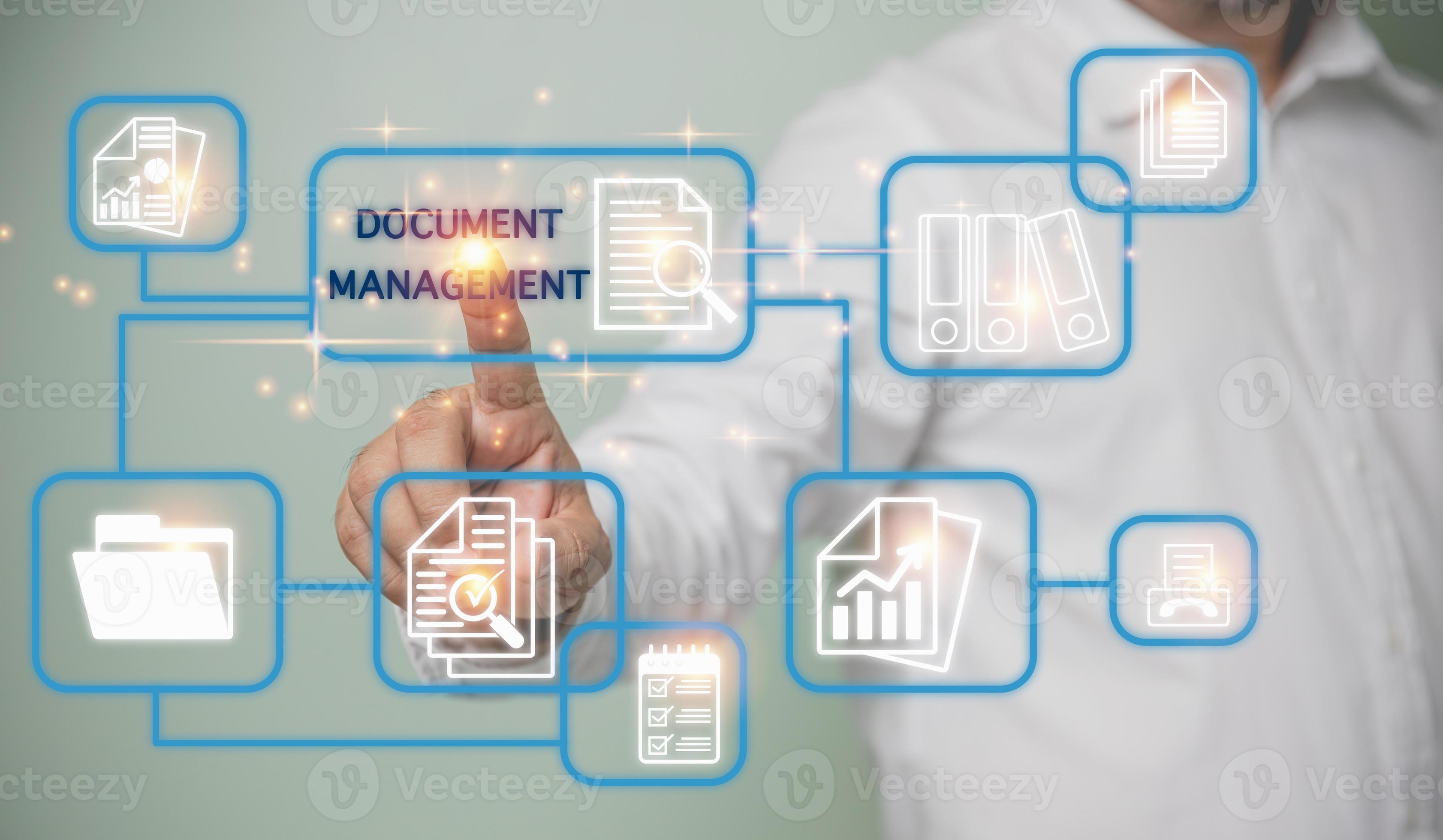 Businessman touching on document icon, corporate data management system ...