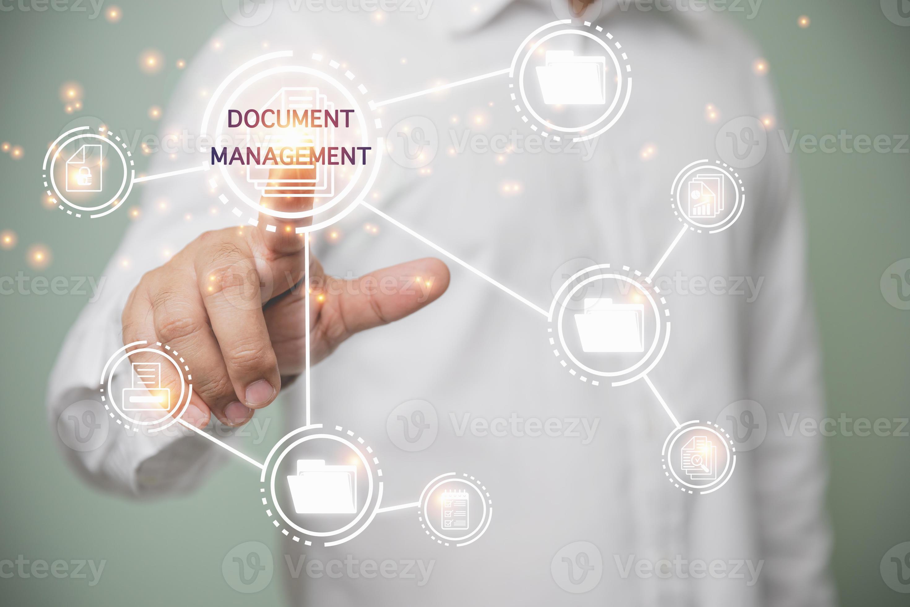 Businessman touching on document icon, corporate data management system ...