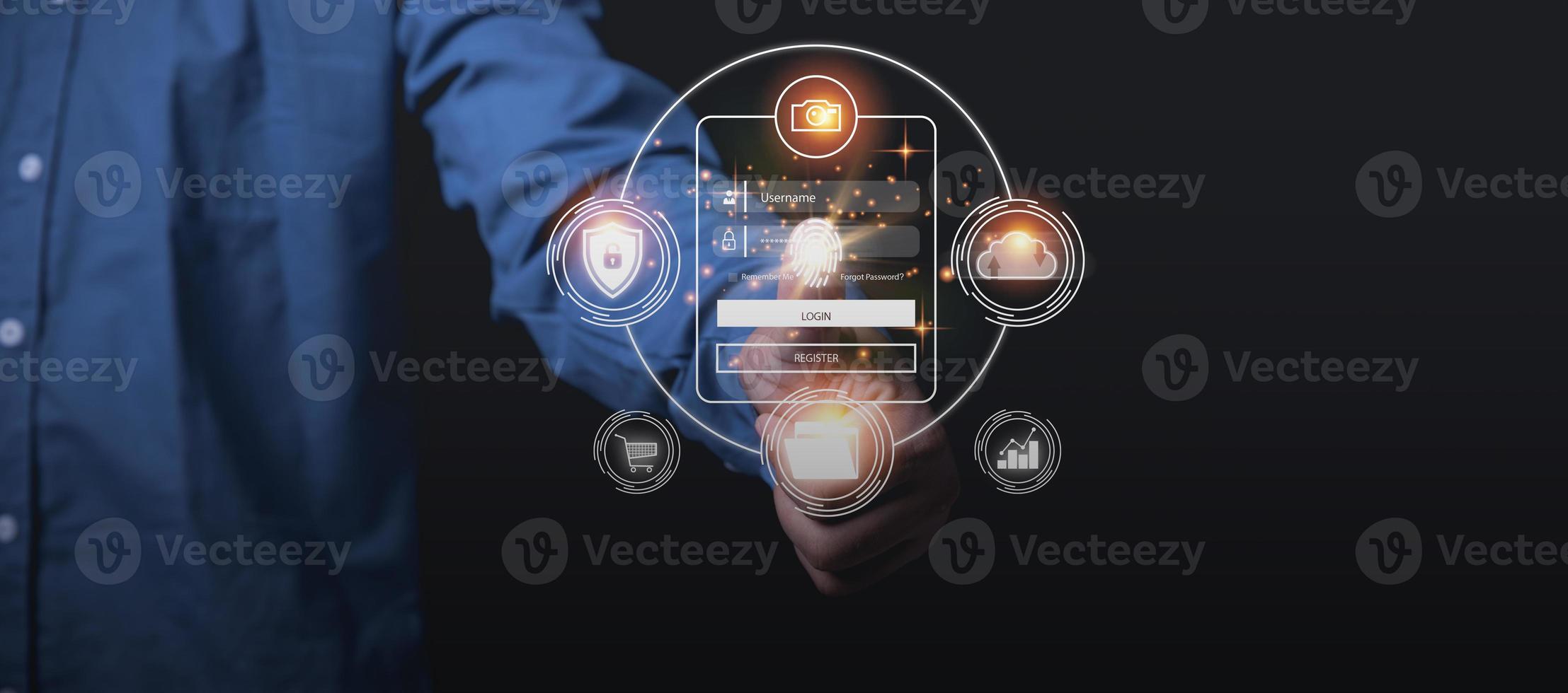 Businessman login by password, and finger scan for protecting business data, and personal information from hackers. Use technology, cyber security data concept. IoT and internet technology. photo