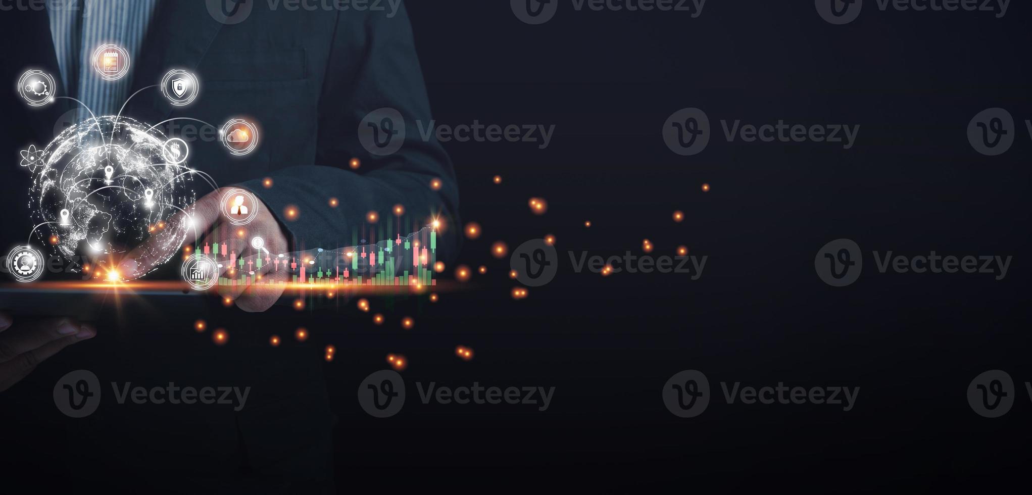 Businessman touching on a tablet with the virtual world internet network online for business to the future, and data global connection, innovation and technology, business for analyzing data profit. photo