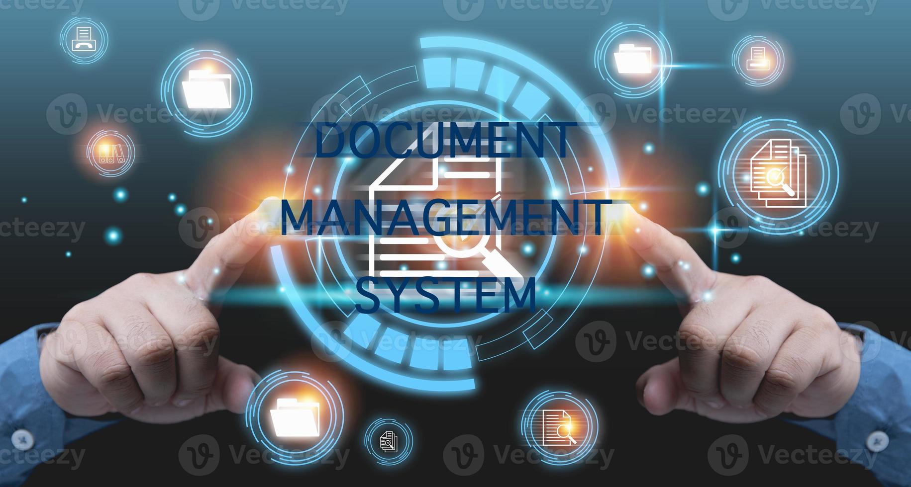 Business, Technology, Internet, and network document management system concept. The virtual online database manages files. Hands man touching on document icon corporate data management system. photo