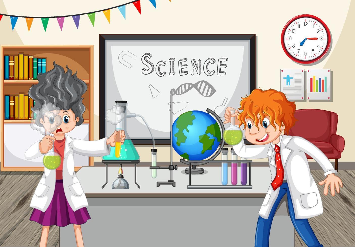 escena del aula con un científico haciendo un experimento vector