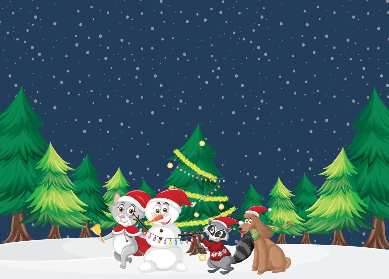 Christmas theme with snowman and animals vector