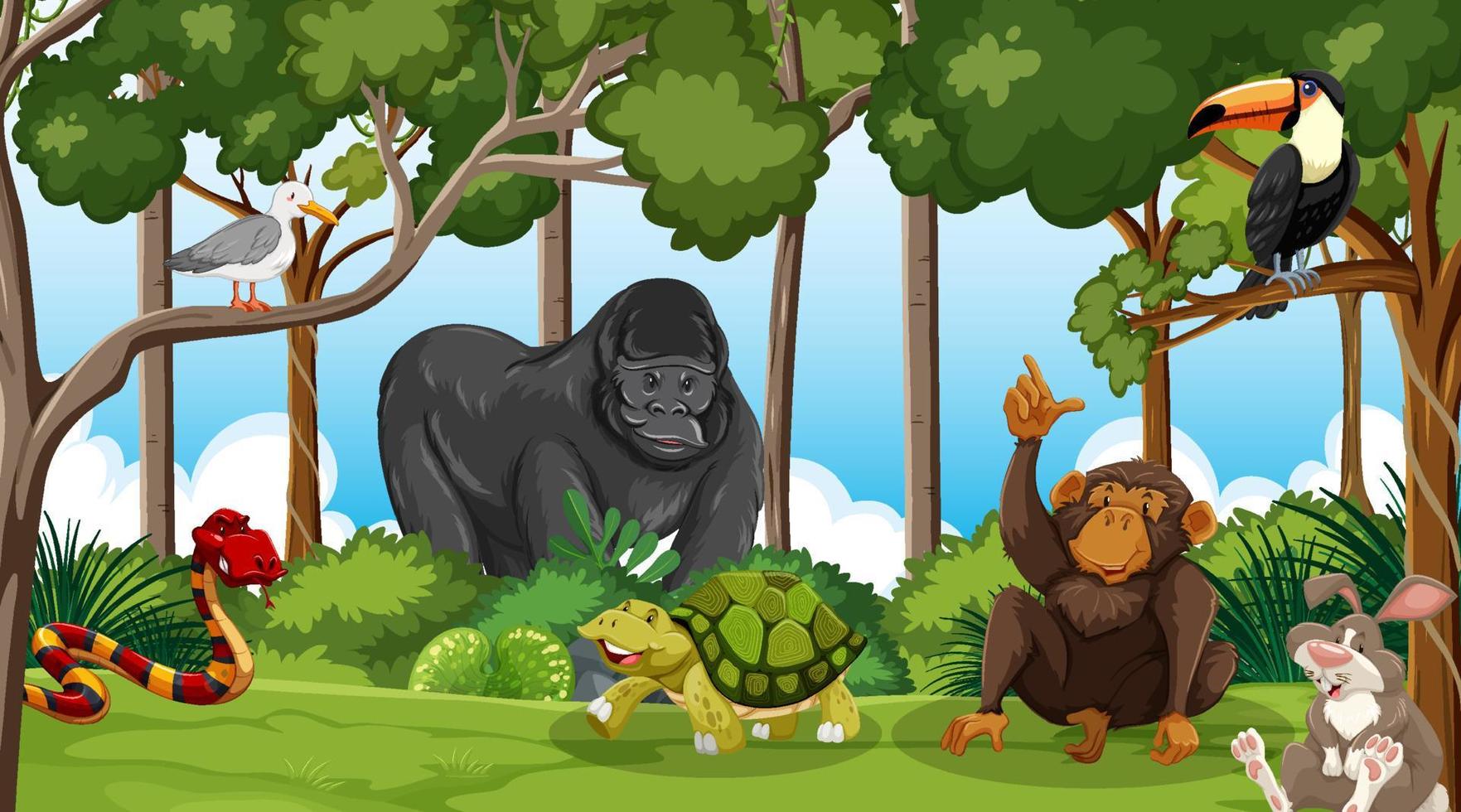 Group of wild animals in nature forest scene vector
