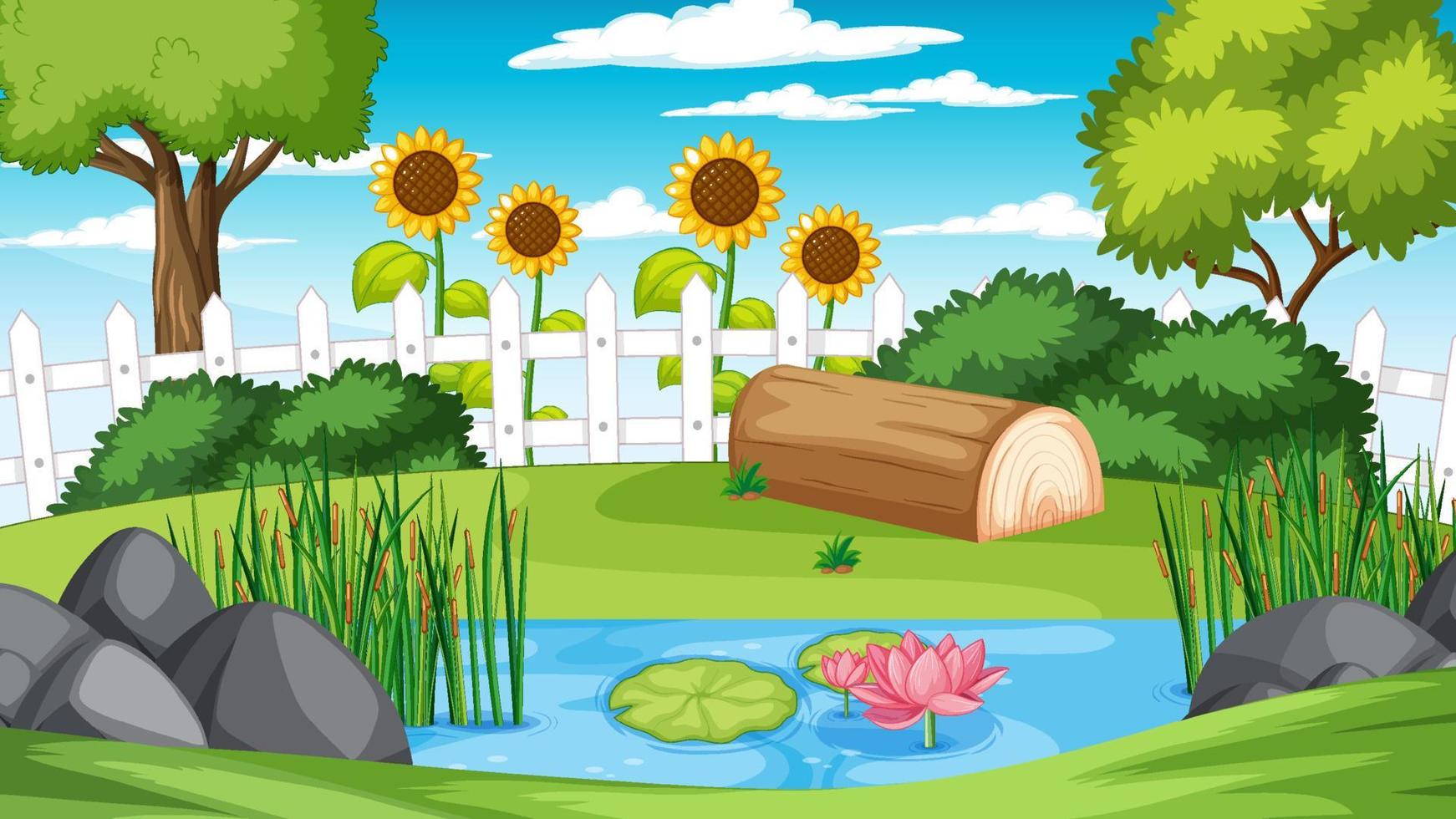 Scene with sunflowers and lotus in garden vector