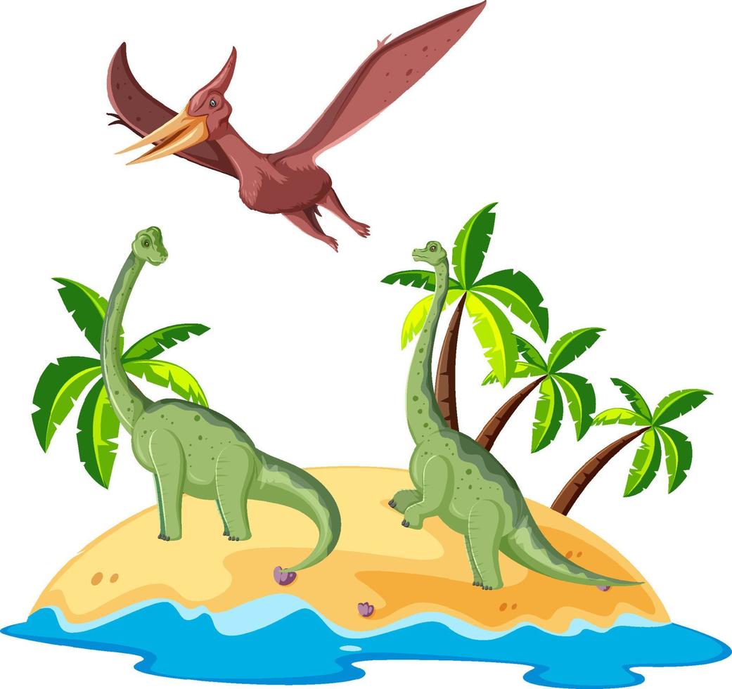 Scene with dinosaurs brachiosaurus and pteranodon on island vector