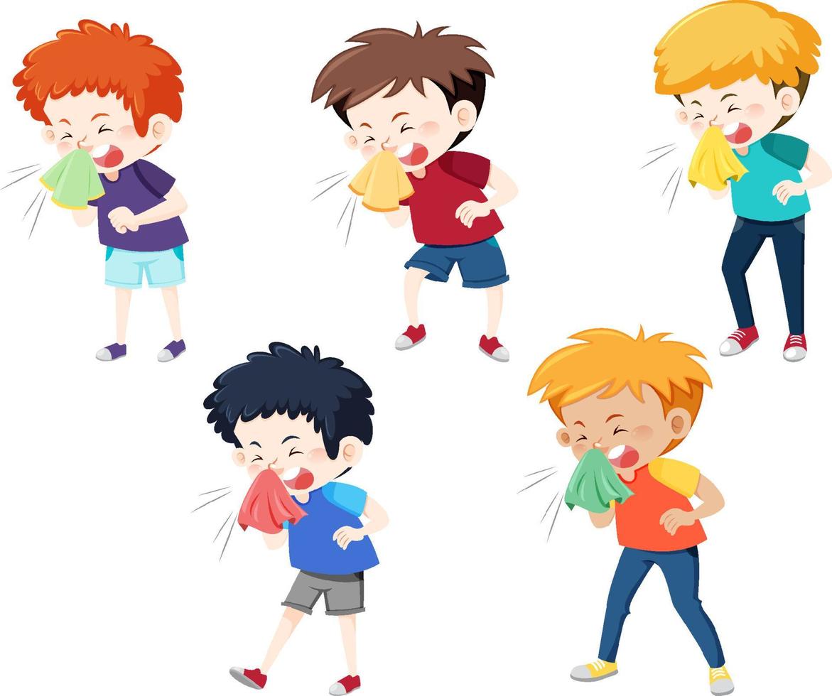 Set of boy cartoon character getting sick vector