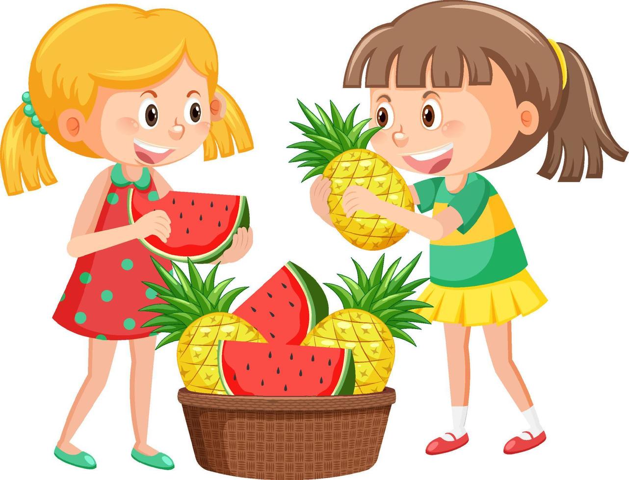 niña con canasta de frutas sobre fondo blanco vector