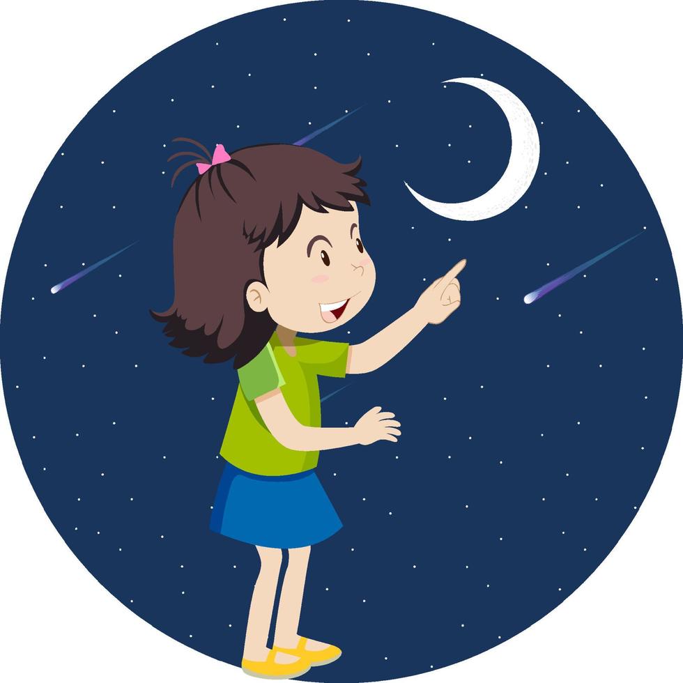 una niña señalando con el dedo a la luna vector