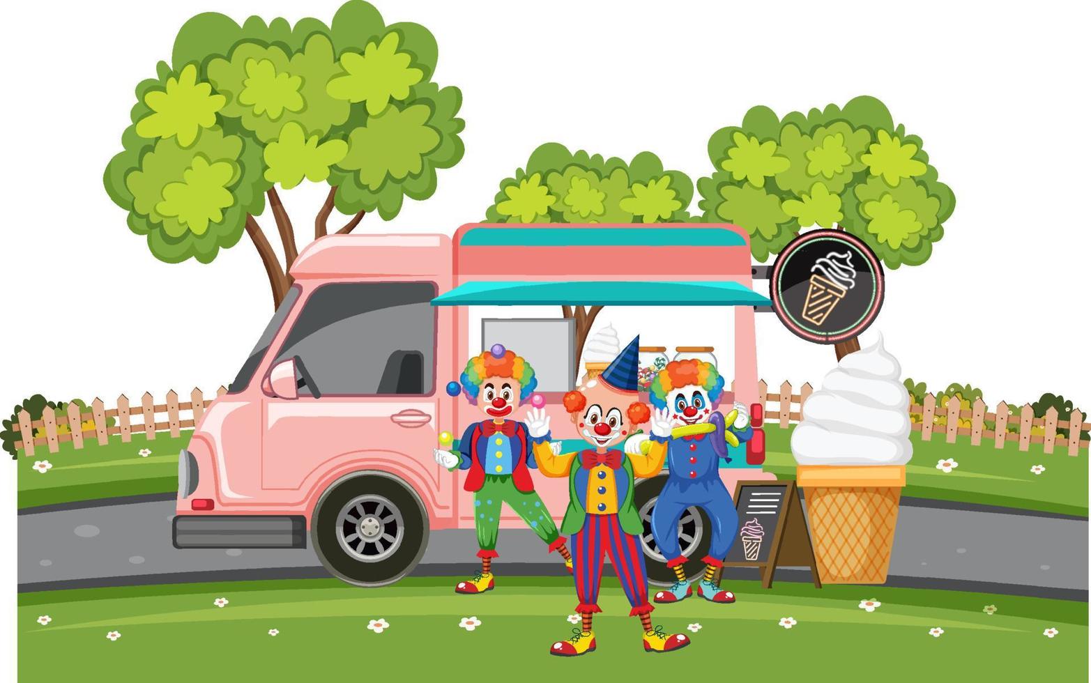 Clowns standing by icecream truck vector