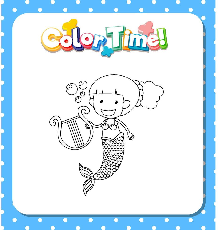 Worksheets template with color time text and Mermaid outline vector