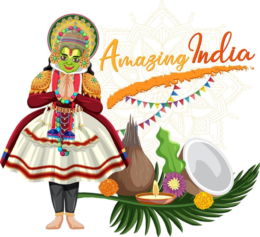 Amazing India lettering with Onam character vector