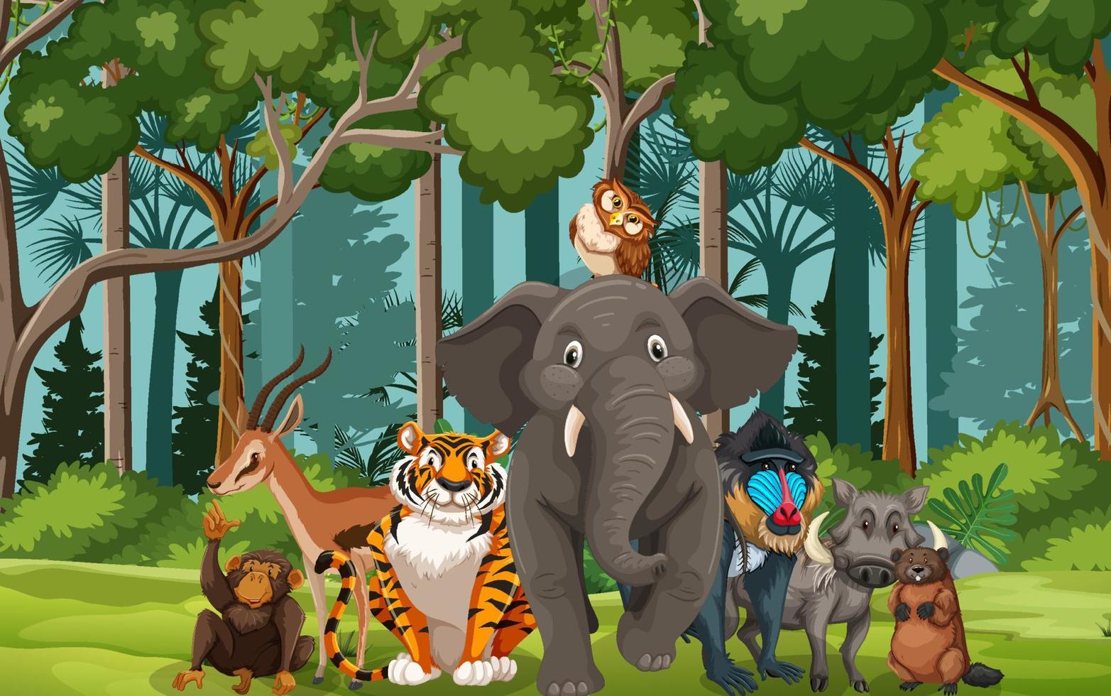 Escena del bosque con grupo de animales salvajes. vector