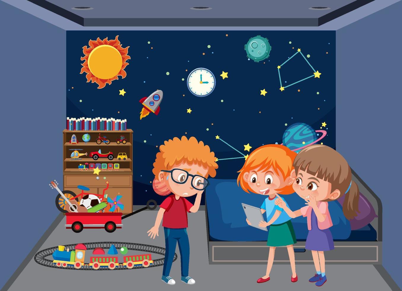 Bedroom in space galxy theme with children cartoon character vector