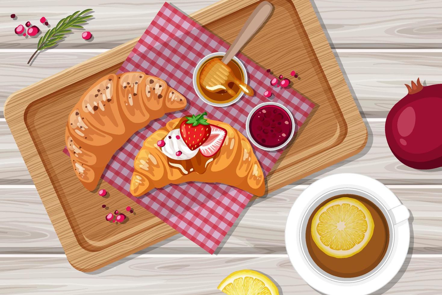 Top view of breakfast on a wooden tray vector