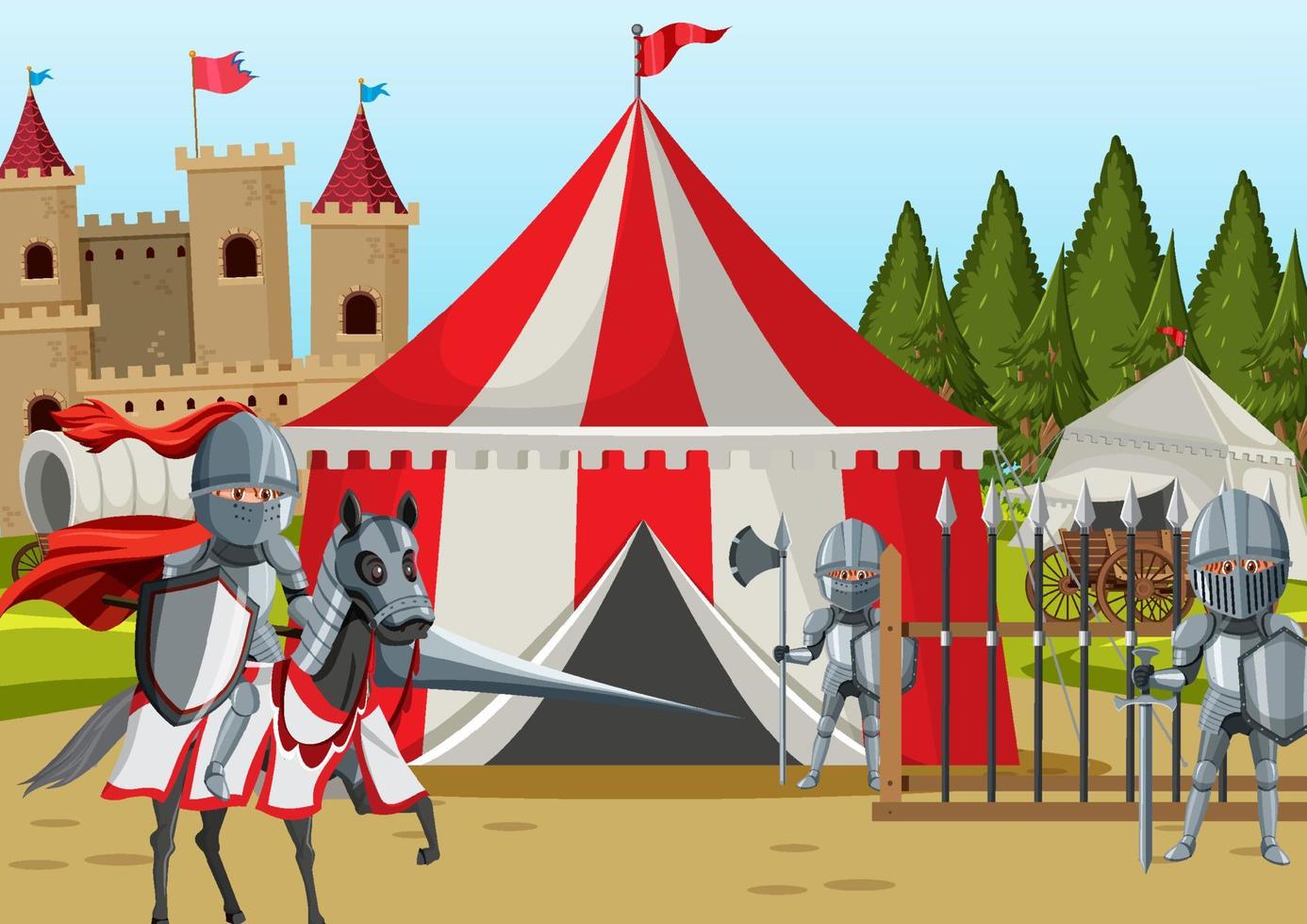 Medieval army camp scene with armour knight riding horse vector