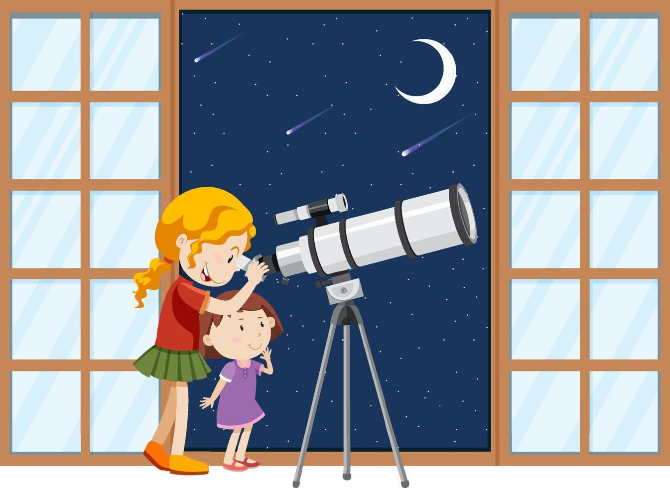 los niños observan el cielo nocturno con telescopio vector