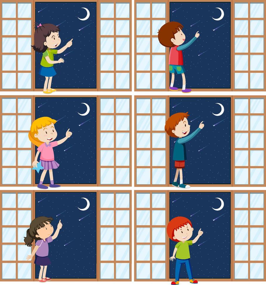 Set of different kids pointing finger to the moon vector